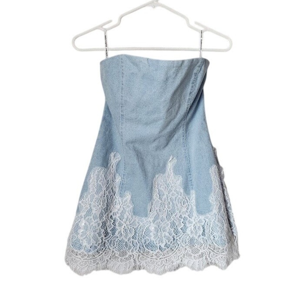 INNOVARE DENIM Dorris Strapless Lace Deconstruct Mini Dress NEW size S